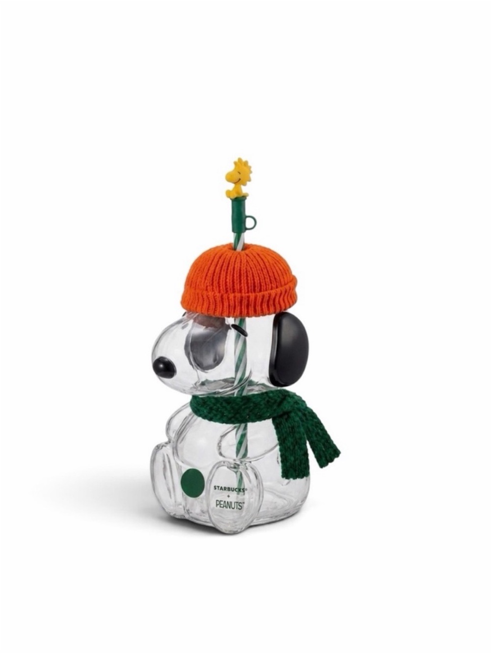 Starbucks Peanuts Snoopy Glass Tumbler with Orange Beanie and Green Scarf